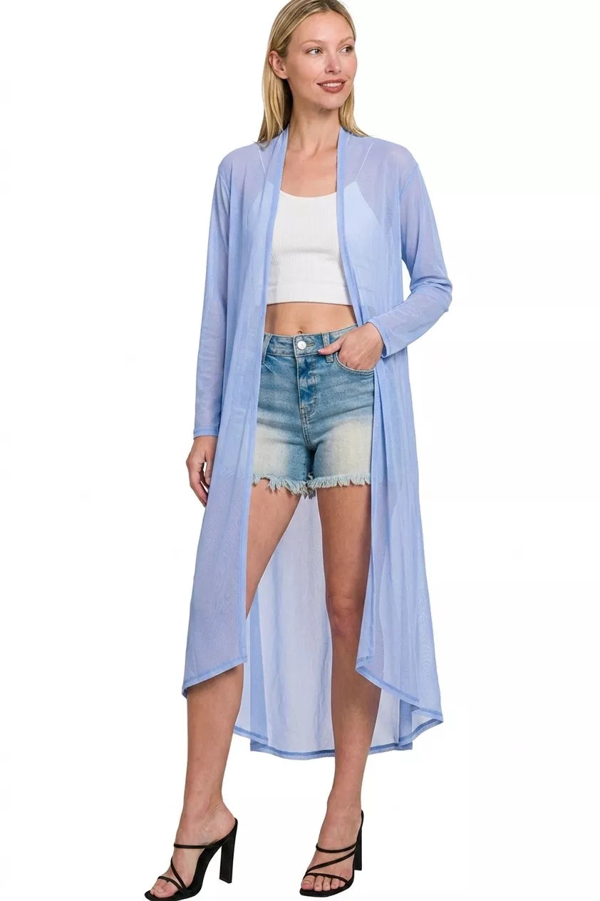 Sheer mesh open-front long duster cardigan
