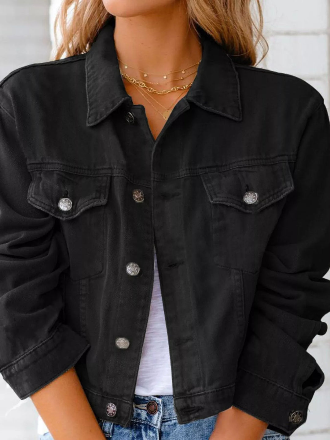 Cropped button-up denim jacket with chest pockets