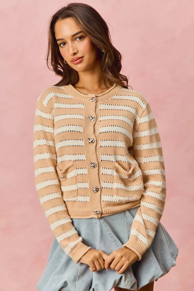 WHITE/BEIGE Striped openwork knit cardigan with jeweled buttons
