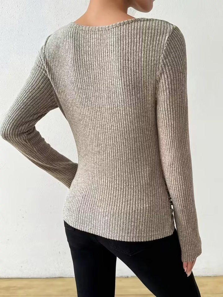 Ribbed knit cowl neck top with ruched sides