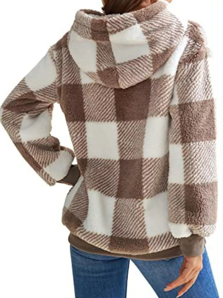 Plaid sherpa quarter-zip hoodie with front pocket