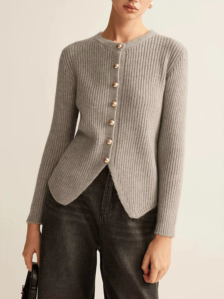 Ribbed knit button-down cardigan with gold buttons