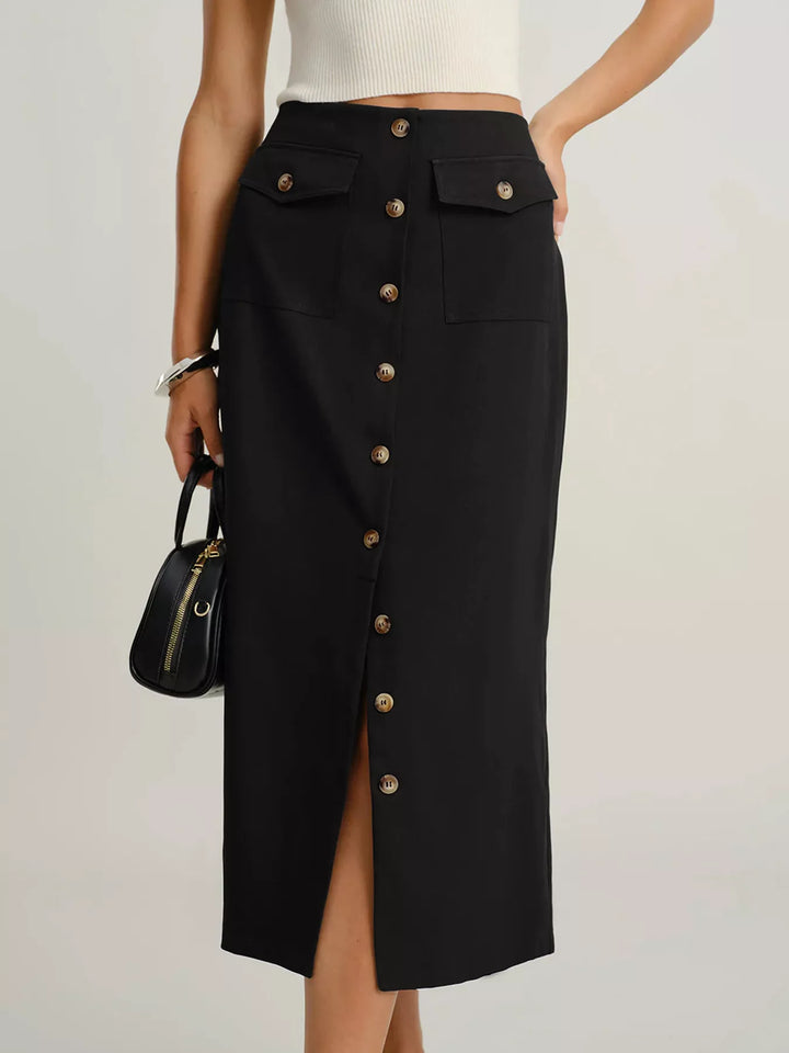 Button-front high-rise midi skirt with flap pockets and front slit