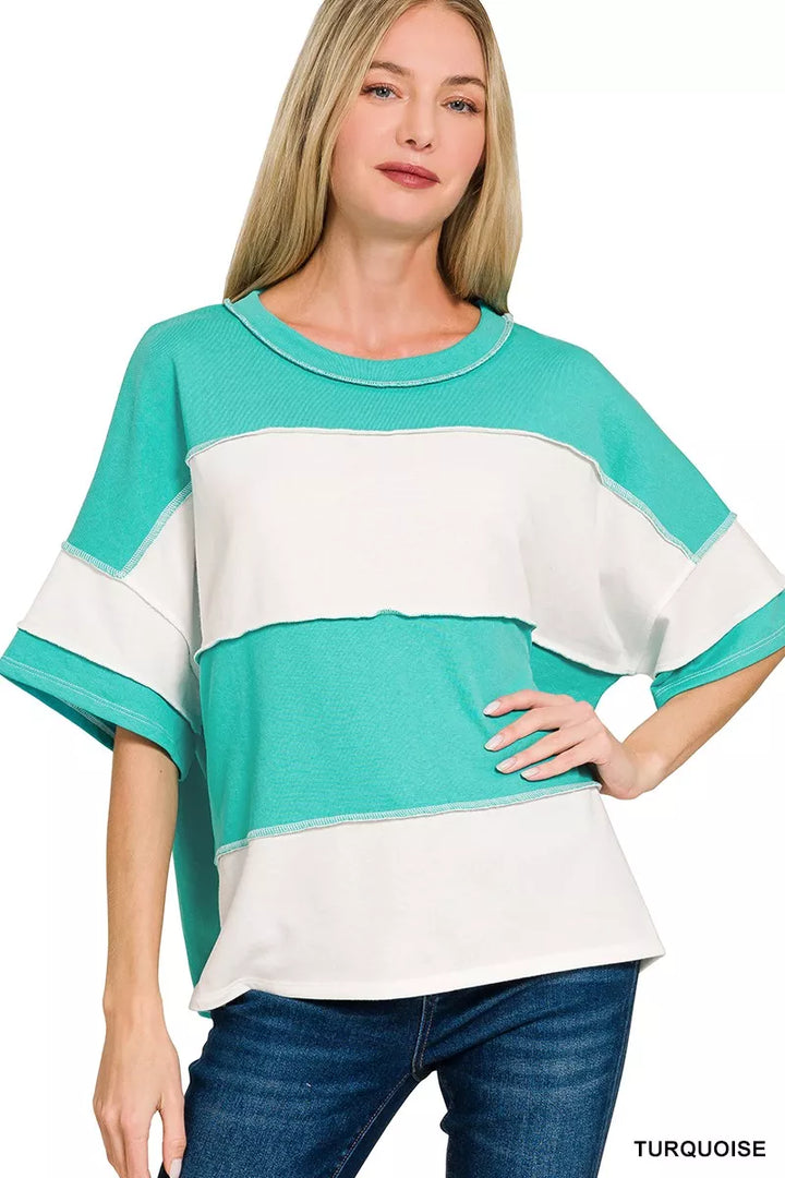 TURQUOISE French terry color block top with exposed seams