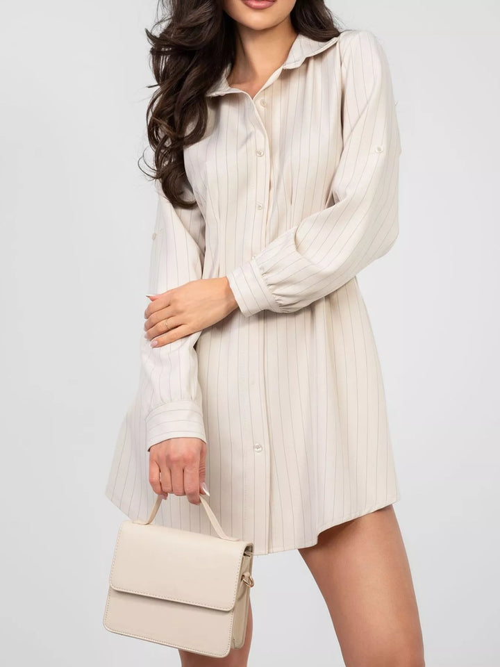 Pinstriped button-down mini shirt dress with ruched waist