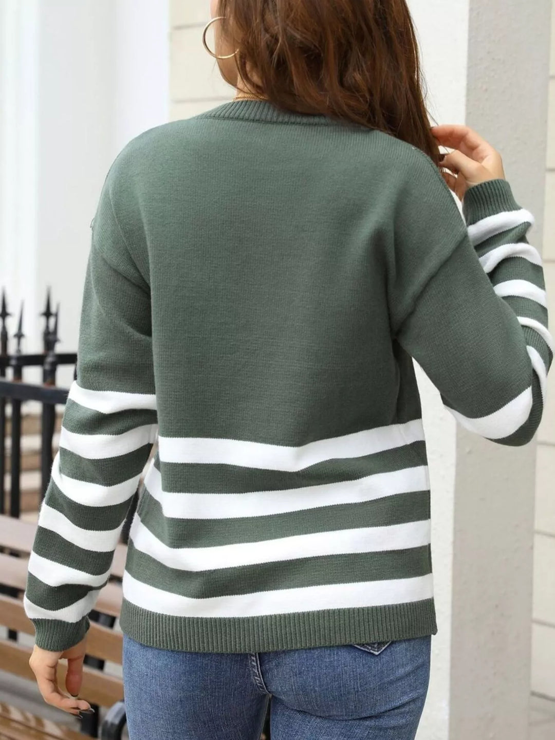 Striped ribbed knit crew neck pullover sweater