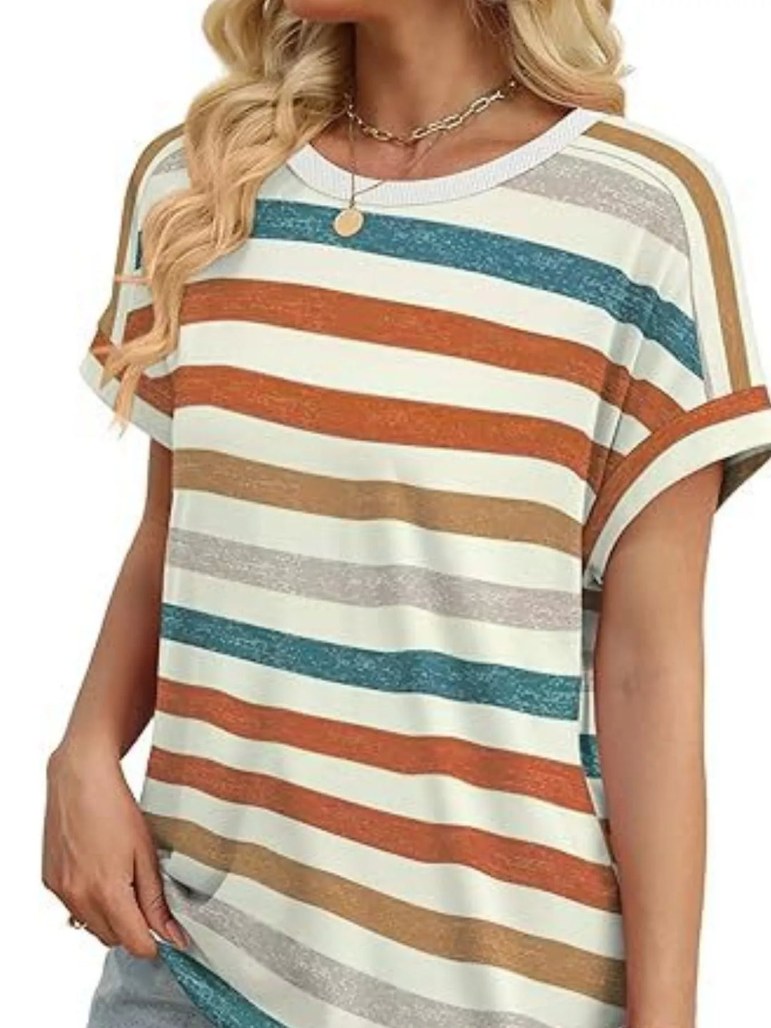 Orange Multicolor striped crew neck short sleeve t-shirt