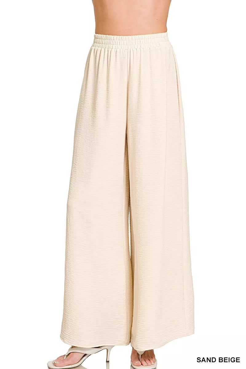 SAND BEIGE Woven airflow wide-leg pants with elastic waistband