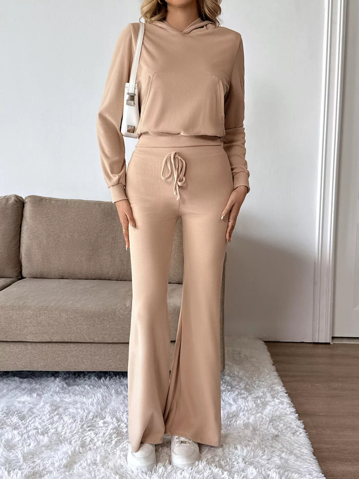 Ribbed knit hoodie and wide-leg pants two-piece set