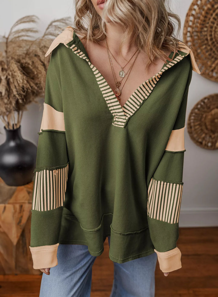 Color block striped Johnny collar sweatshirt with exposed seams
