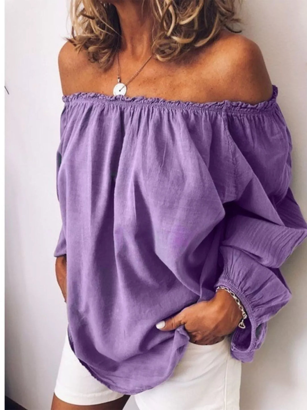 Purple Off-shoulder ruffle-neck blouse with long puff sleeves