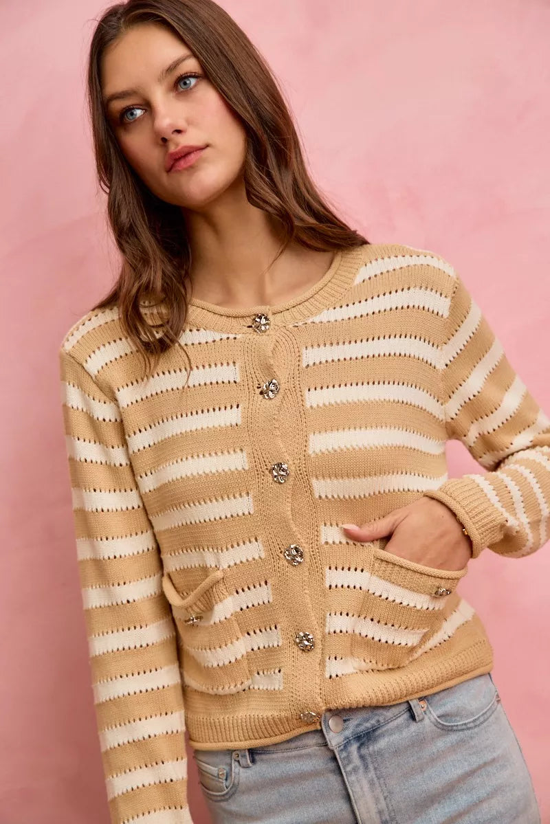 Striped openwork knit cardigan with jeweled buttons