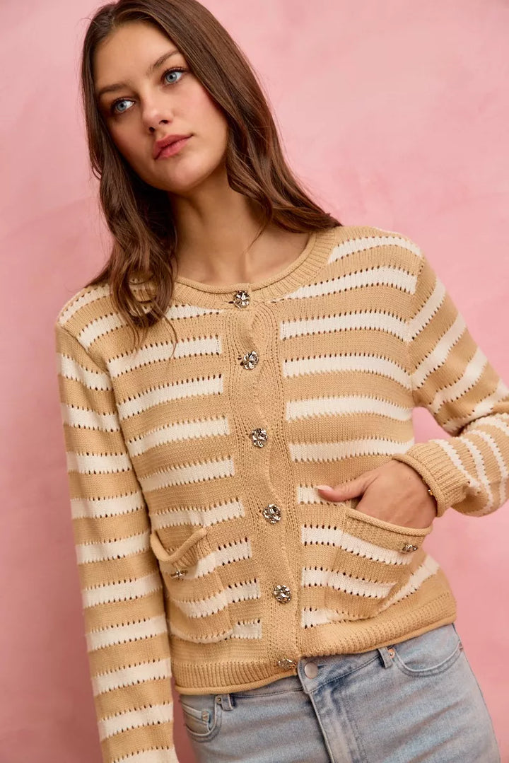 Striped openwork knit cardigan with jeweled buttons