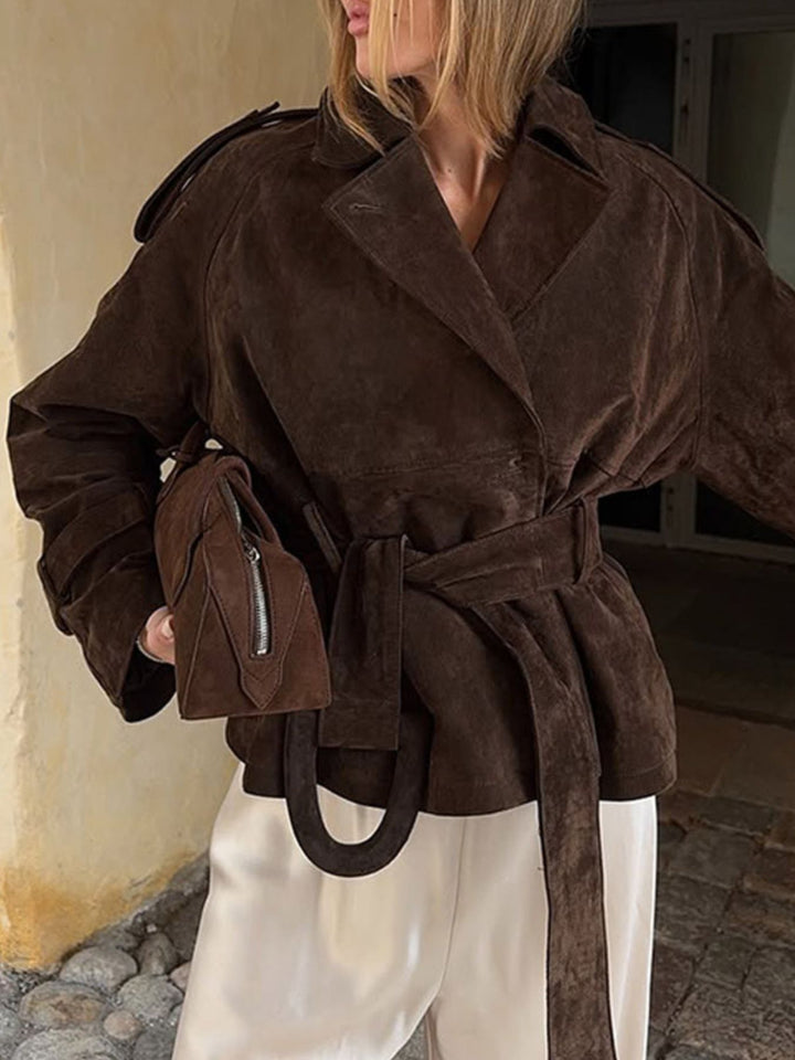 Brown Suede-look tie-waist cropped jacket with lapel collar