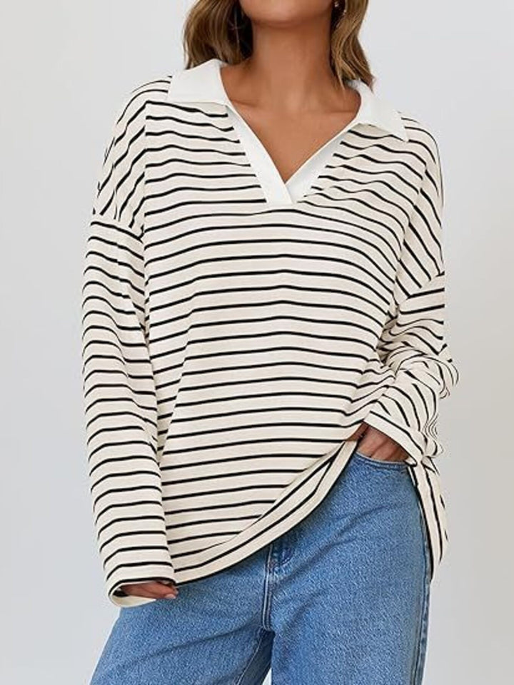 White Striped oversized long sleeve top with contrast collar