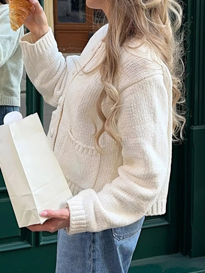 Cropped textured knit button-down cardigan with pockets