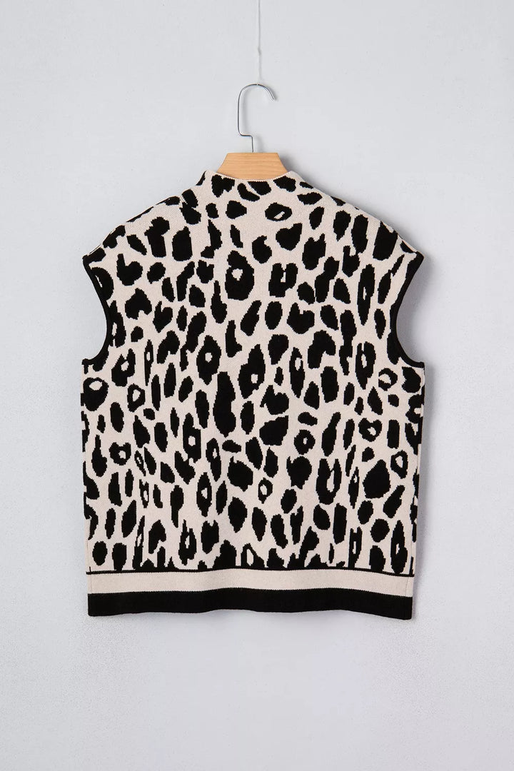 Leopard print mock neck cap sleeve sweater top