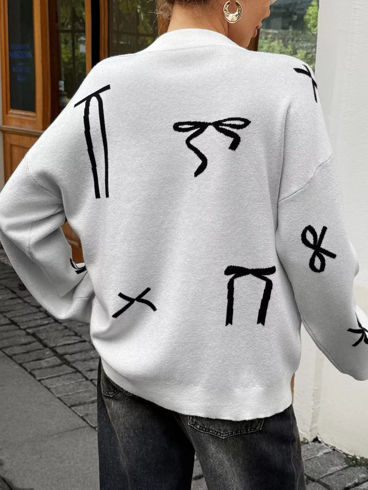 Bow print dropped-shoulder round neck sweater