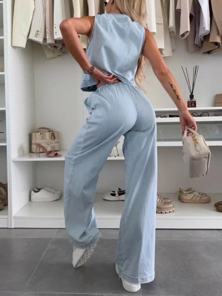 Tie-front denim vest and wide-leg pants set