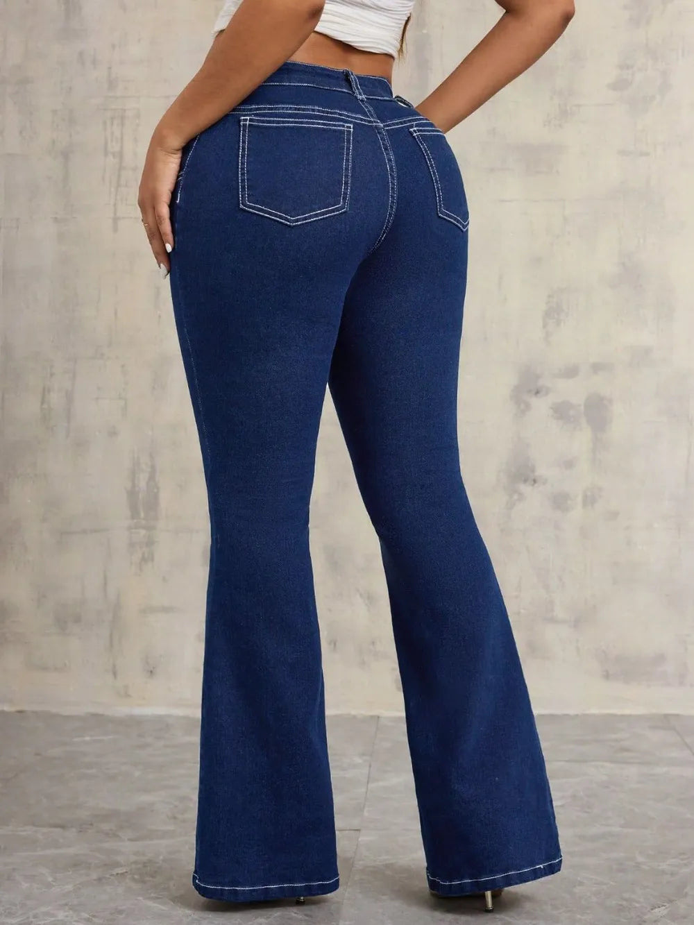 V-notch waist flare jeans with contrast stitching