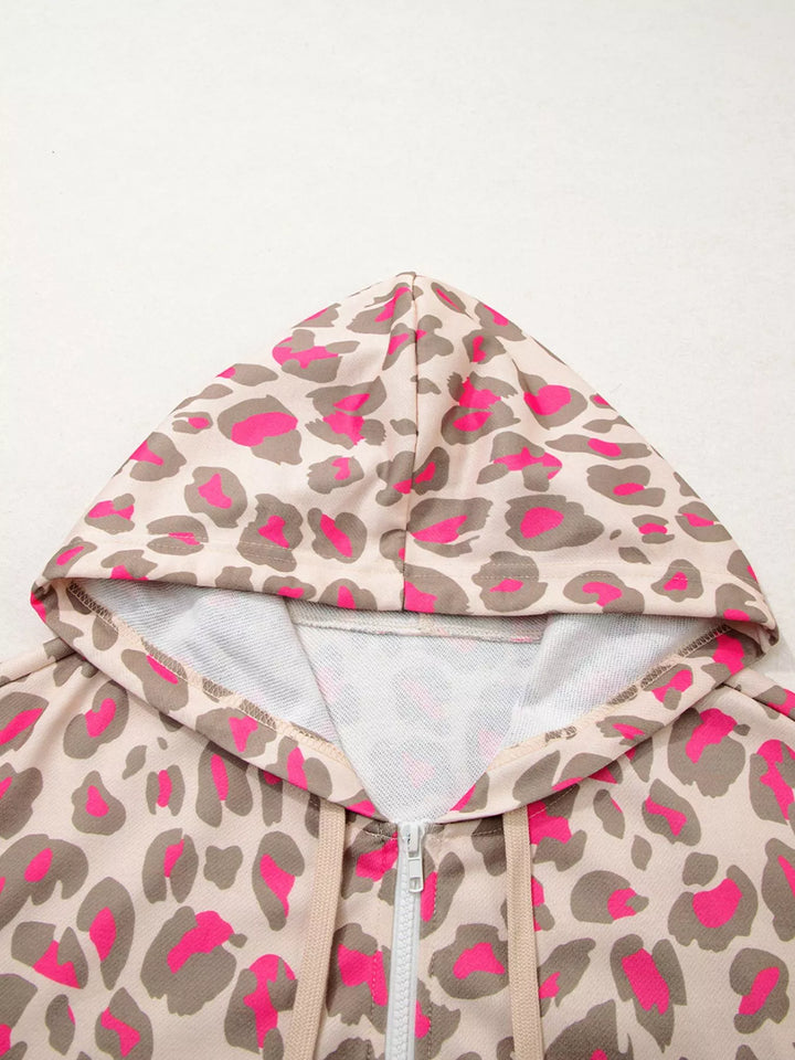 Leopard print zip-up hoodie with drawstring hood