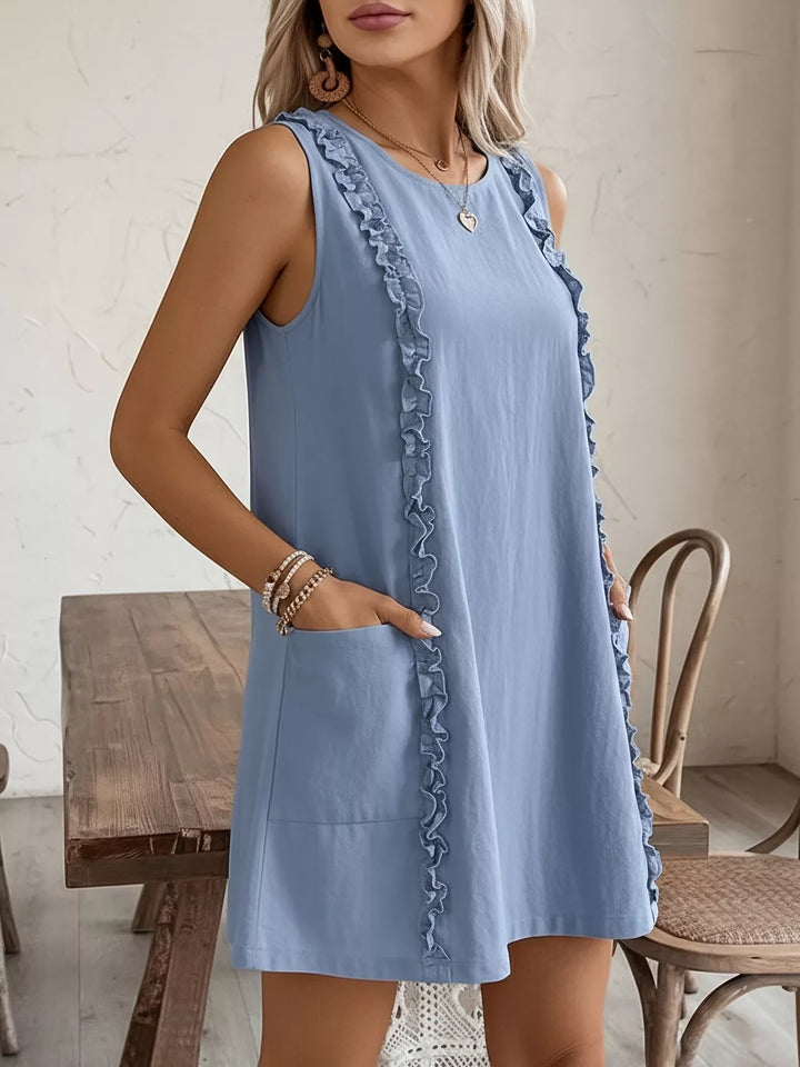 Ruffle-trim sleeveless mini dress with side pockets