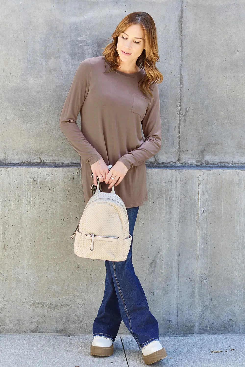Long sleeve round neck tunic top with chest pocket