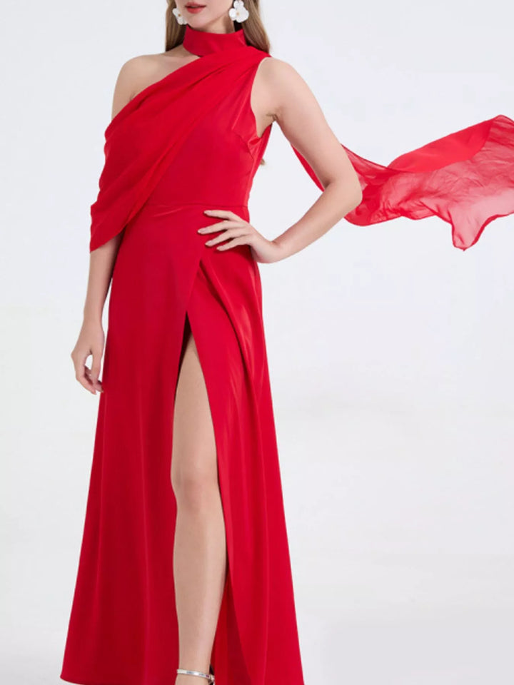 Asymmetric one-shoulder maxi dress with high thigh slit
