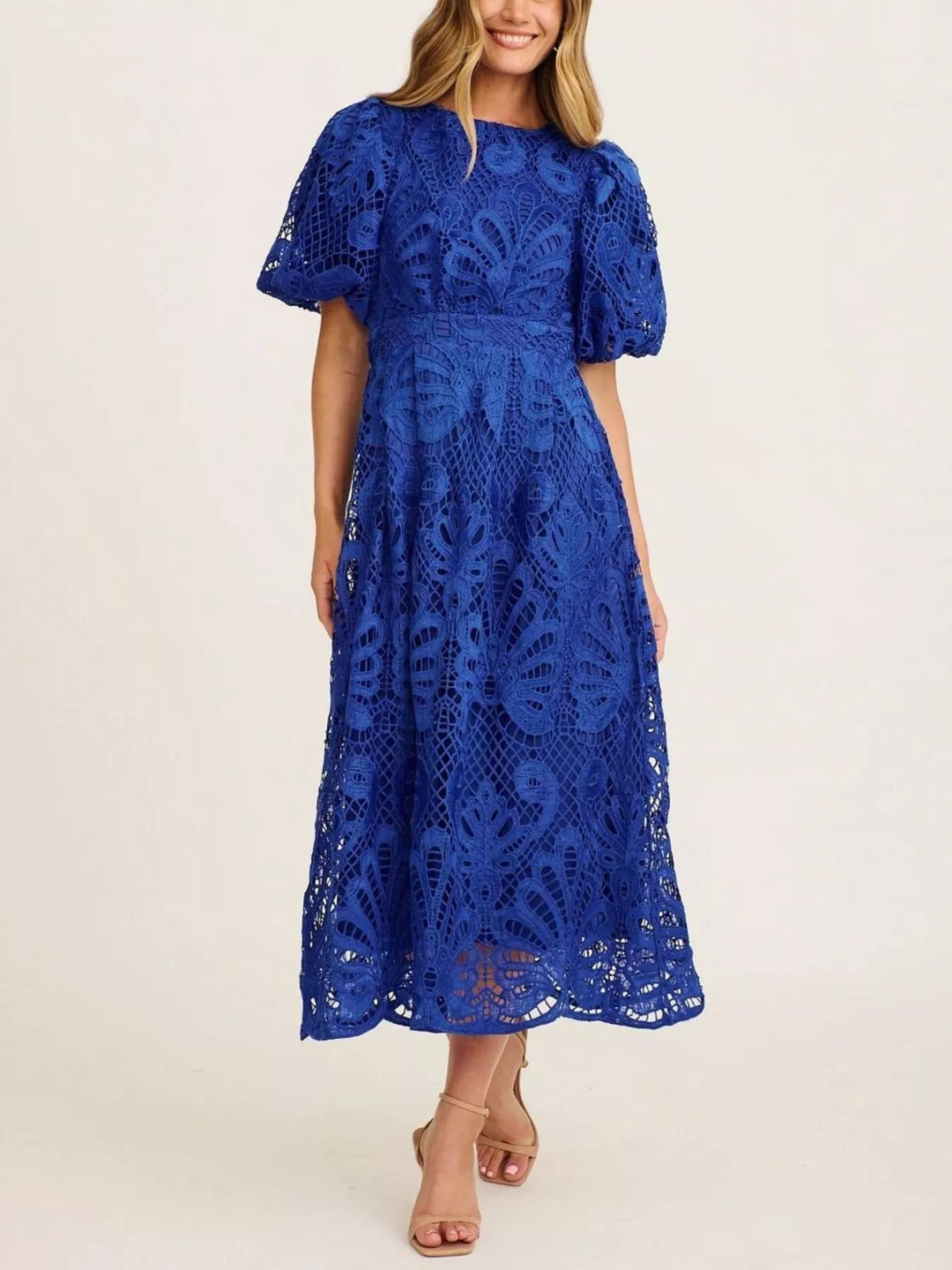 Crochet lace puff sleeve midi dress with scalloped hem