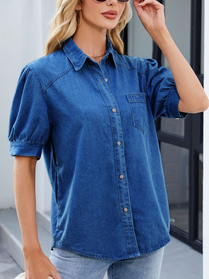 Puff sleeve denim button-down shirt with chest pocket