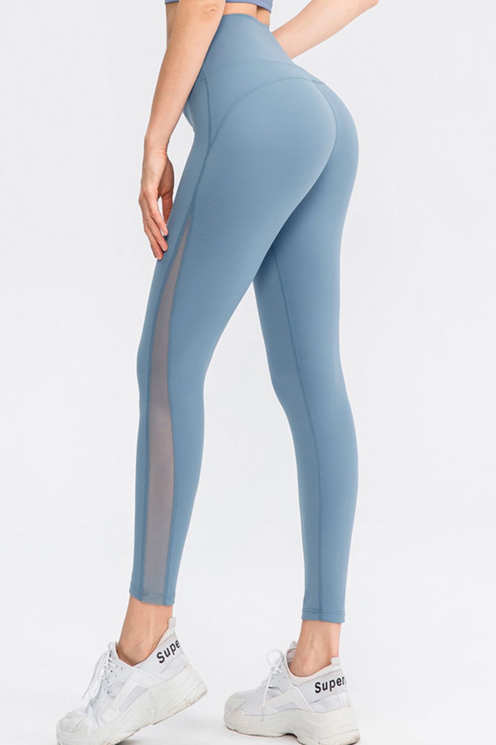 Wide waistband high-rise workout leggings with mesh panels