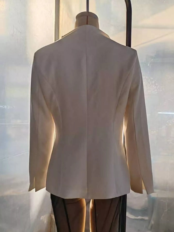 Collarless wrap-front blazer with cinched pleated waist