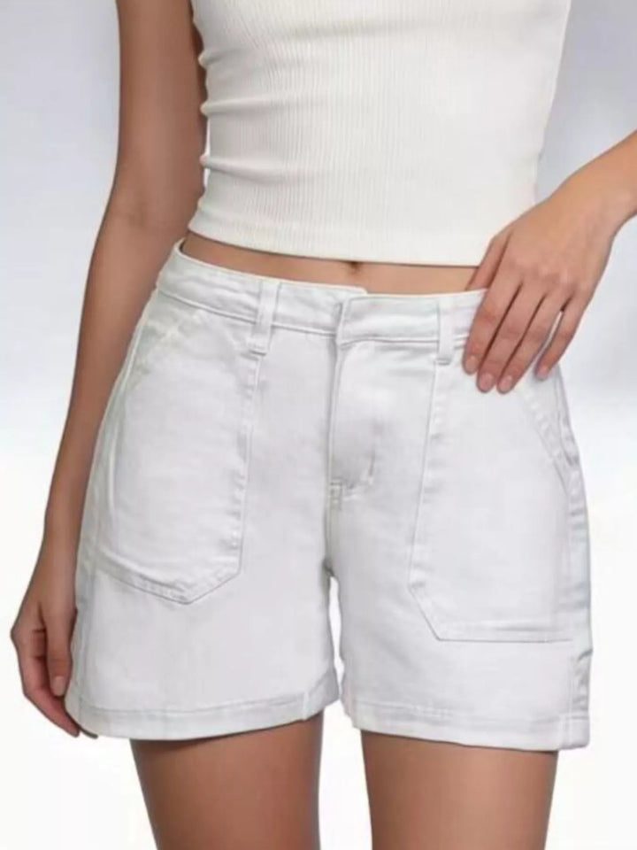 Patch pocket mid-rise denim shorts with cuffed hem