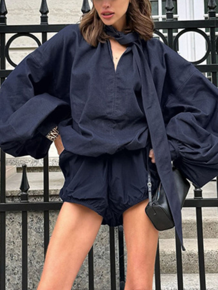 Oversized tie-front denim balloon-sleeve top and shorts set