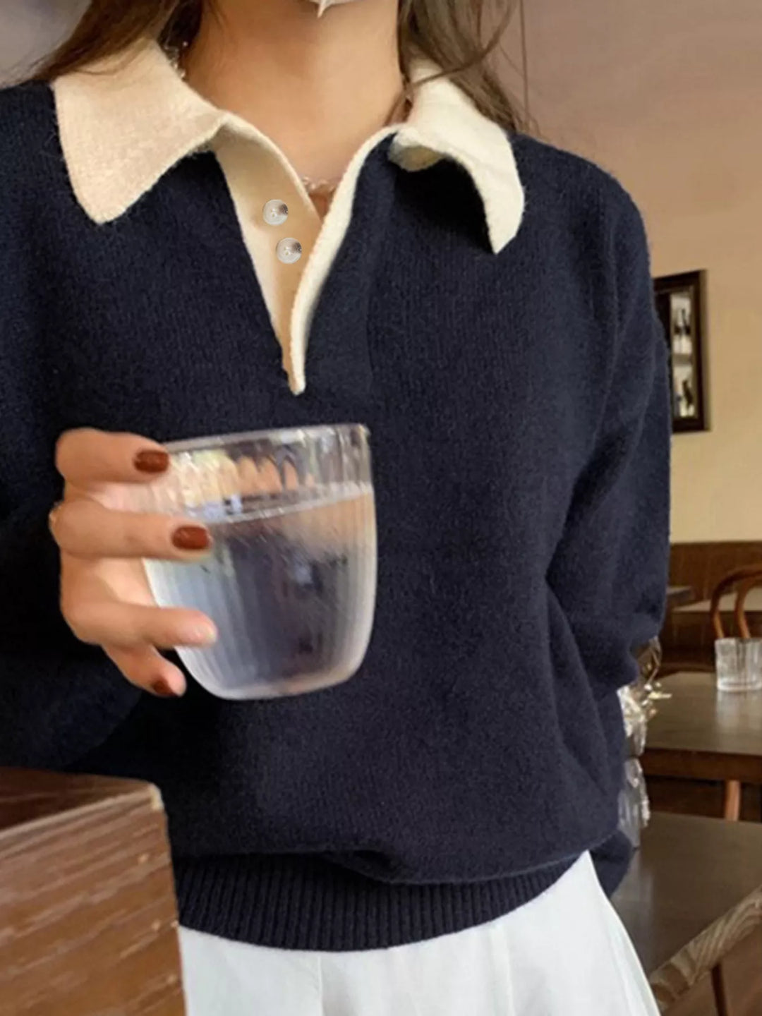 Contrast collar dropped-shoulder knit polo sweater