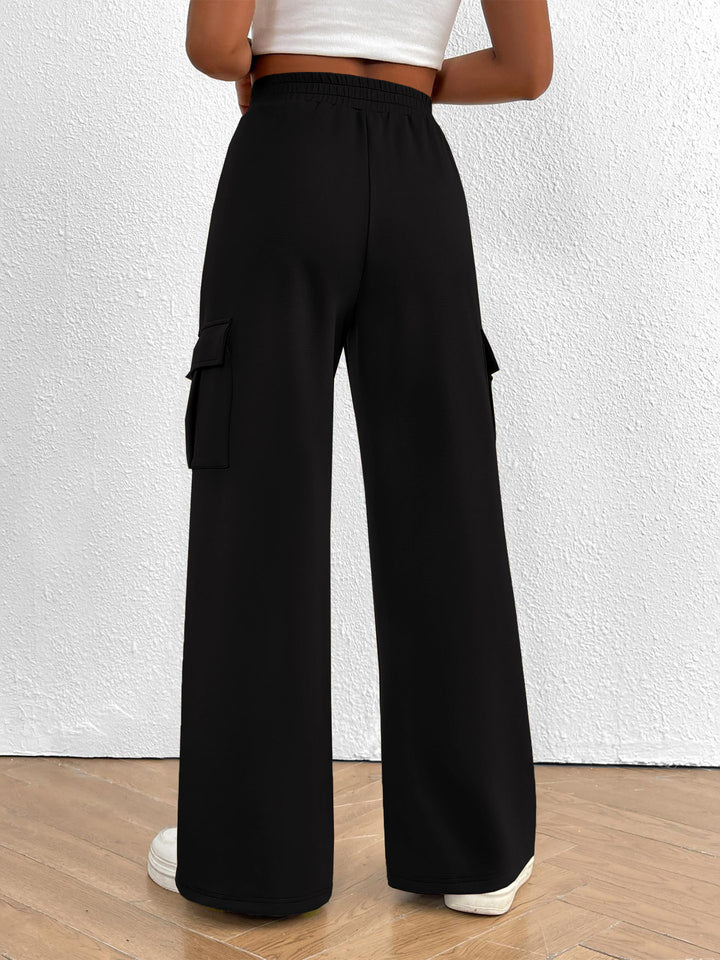 Drawstring high-waist wide-leg cargo pants with flap pockets