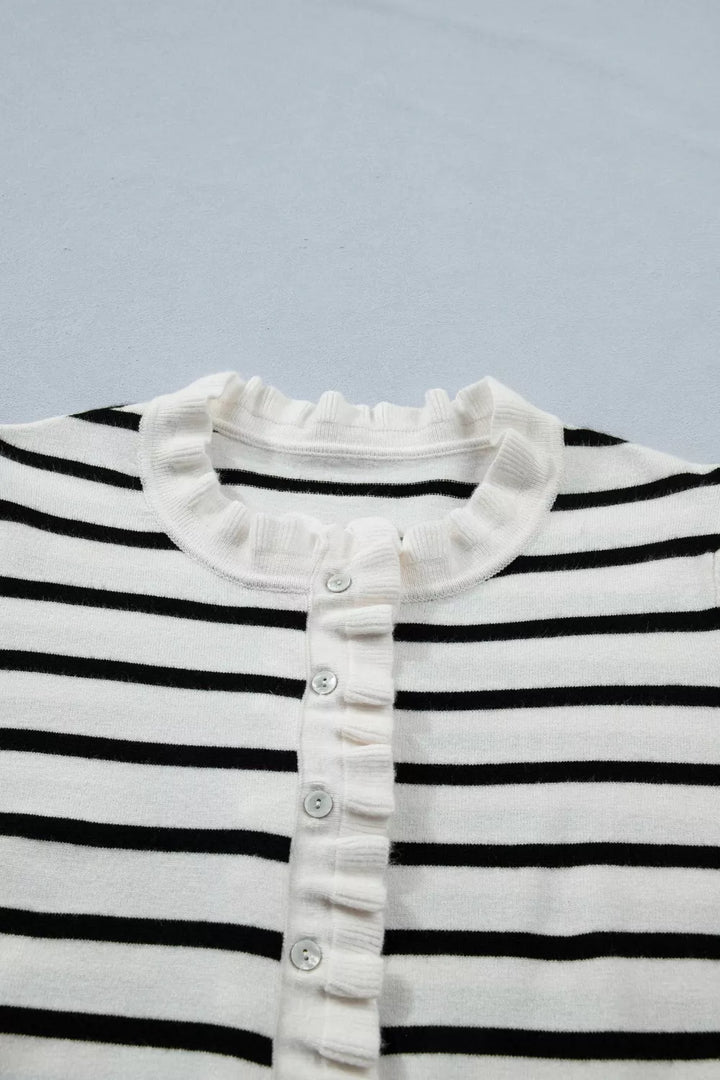 Striped short sleeve knit cardigan with ruffle trim