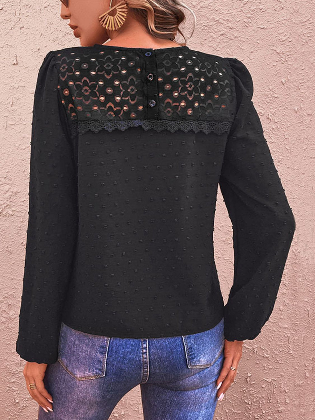 Swiss dot balloon sleeve blouse with lace trim yoke