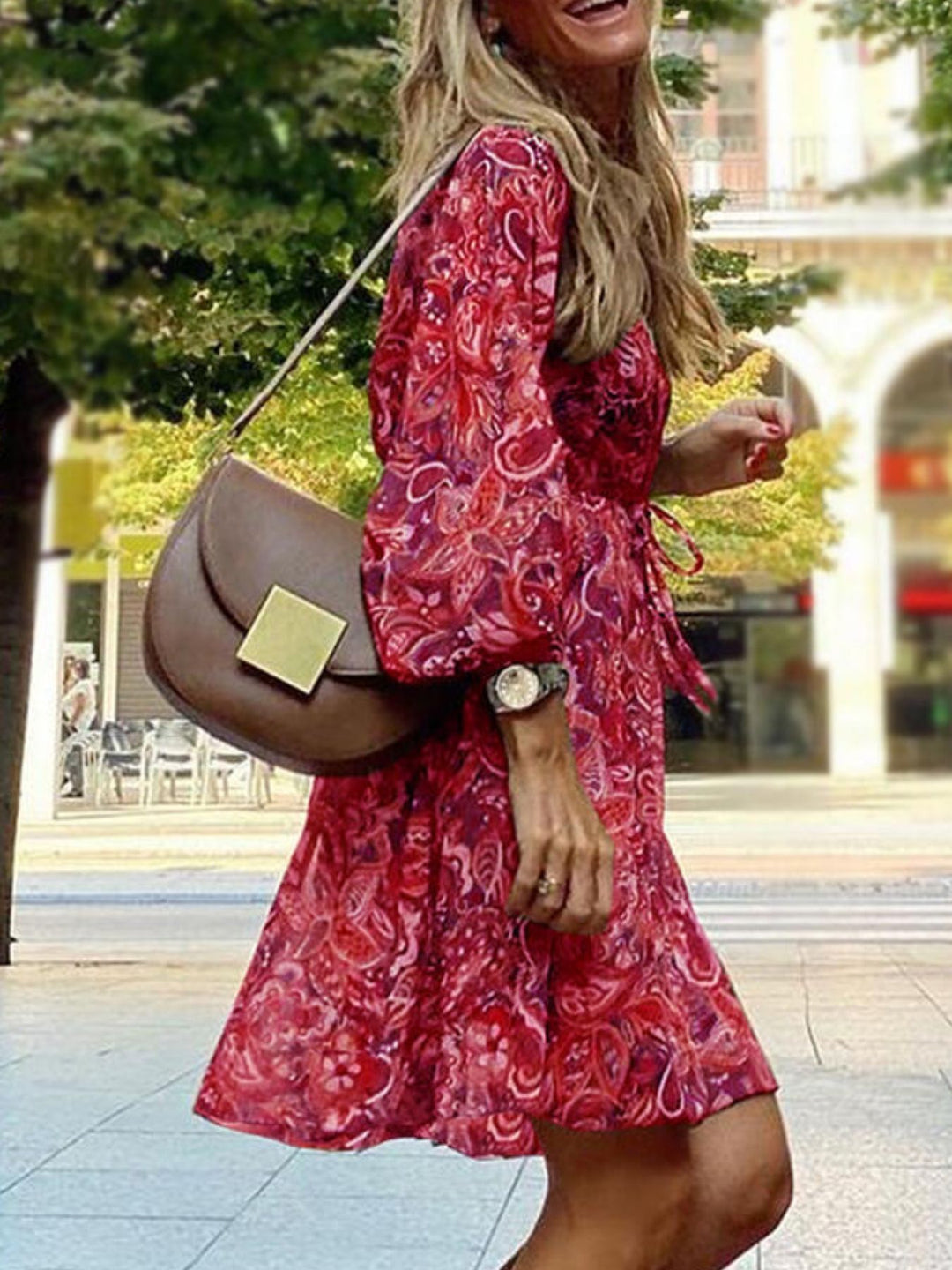 Paisley print balloon sleeve V-neck mini dress