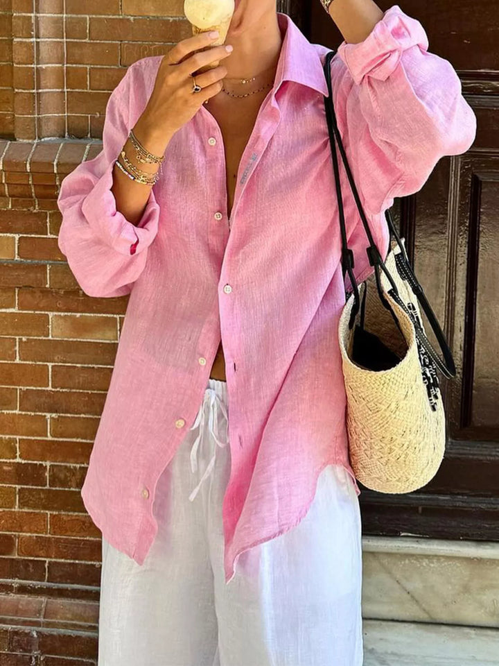 Pink Relaxed cotton button-up shirt with curved hem