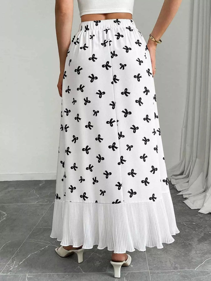 Bow-print flowy maxi skirt with pleated ruffle hem