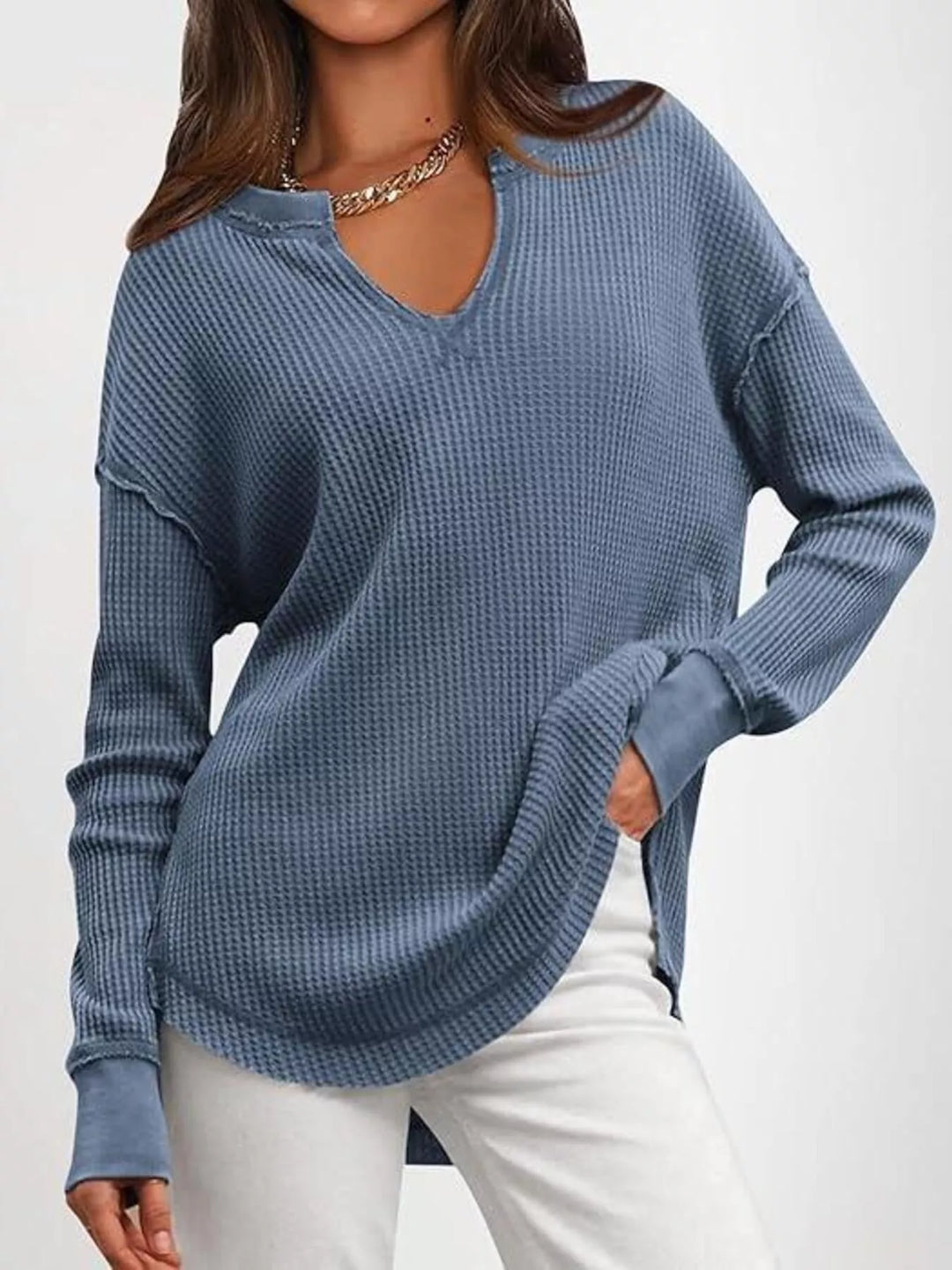 Blue Waffle knit notched neck long sleeve tunic top