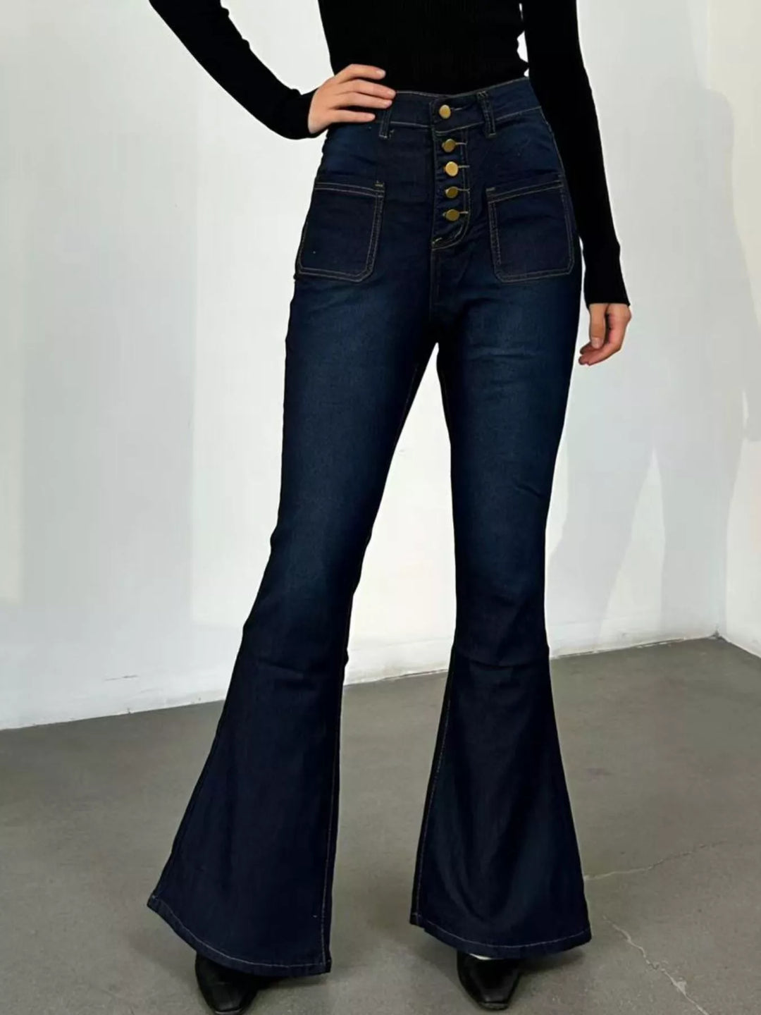 Blue High-waisted button-fly flare jeans with patch pockets