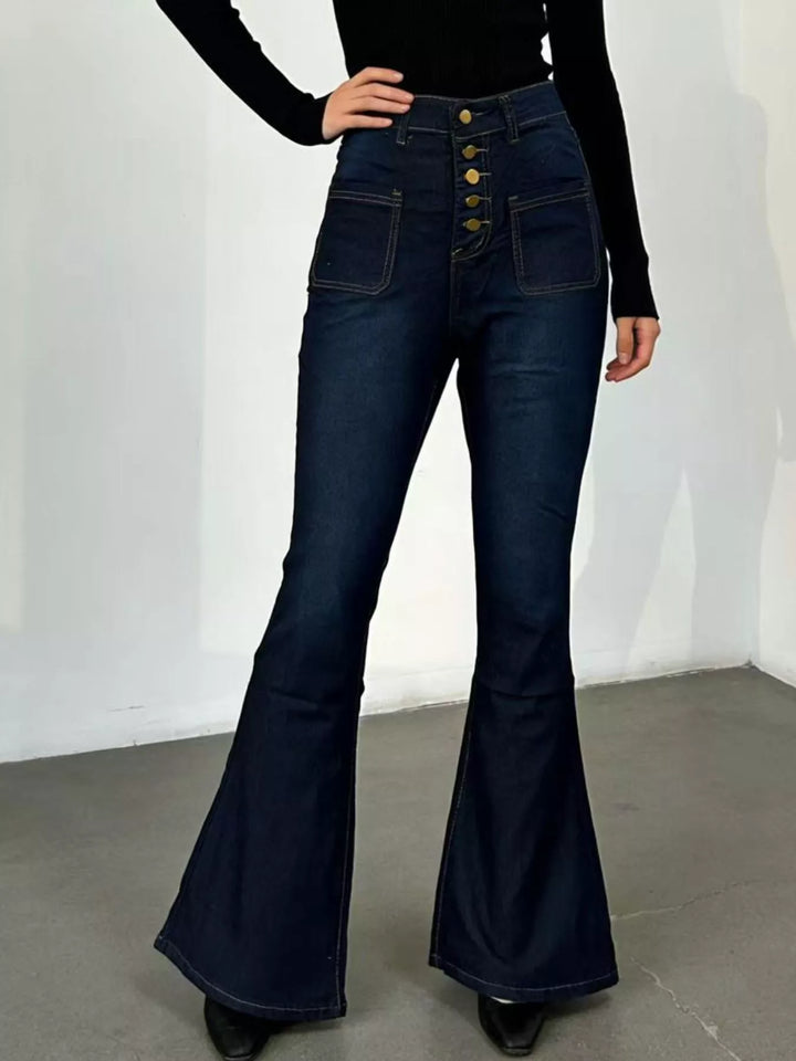 Blue High-waisted button-fly flare jeans with patch pockets