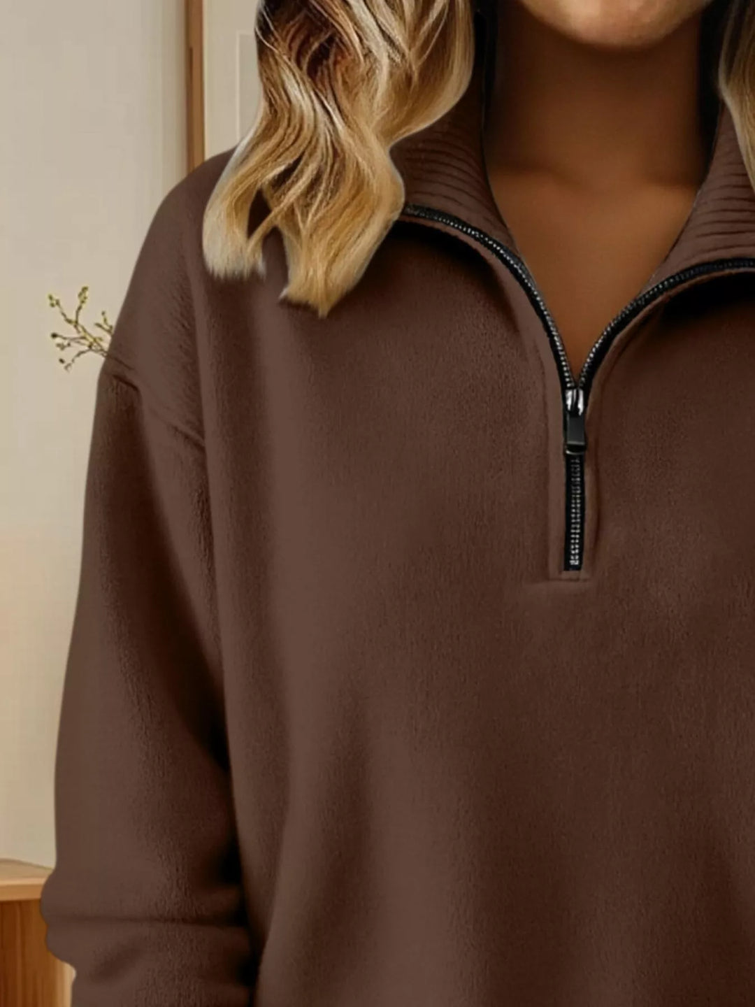 Half-zip dropped-shoulder knit sweater with ribbed collar