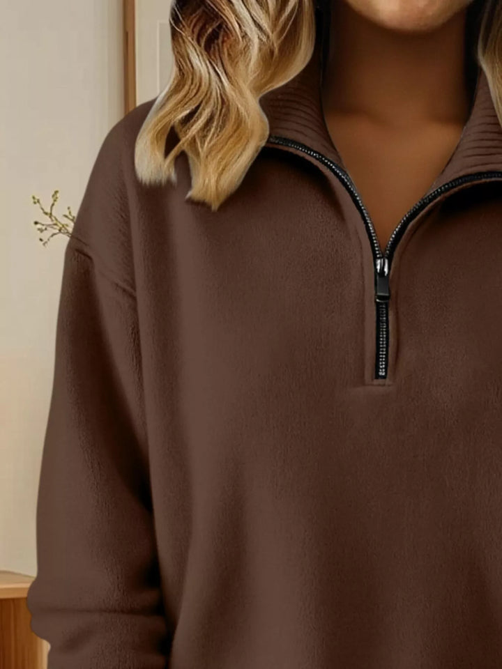 Half-zip dropped-shoulder knit sweater with ribbed collar