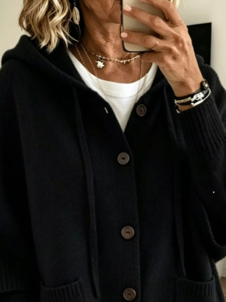Hooded button-down knit cardigan with patch pockets