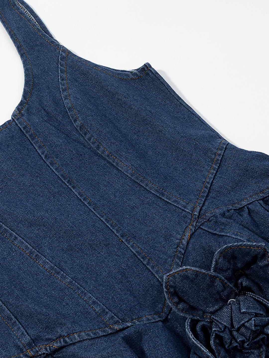 Tiered ruffle denim mini dress with rose appliqués