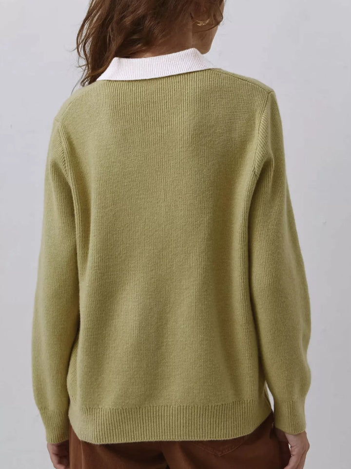 Yellow-green Contrast collar quarter zip knit sweater with ribbed hem