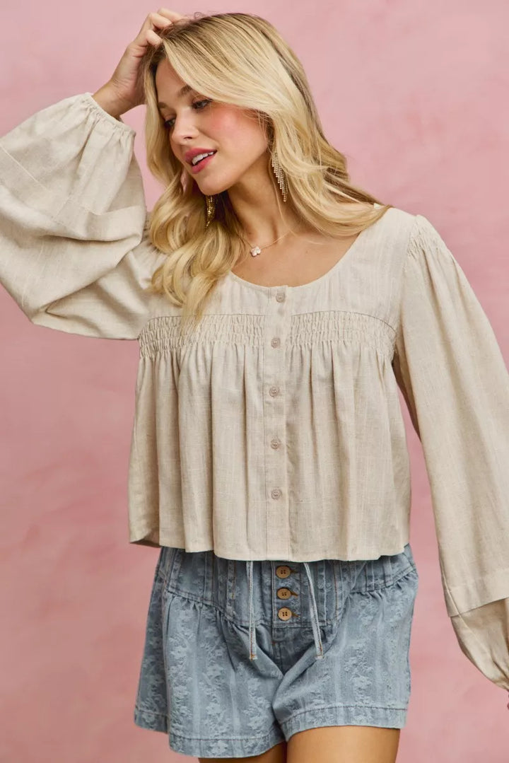 Smocked button-front puff sleeve linen blend top